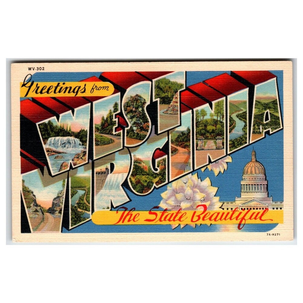 Greetings from West Virginia The State Beautiful Linen Postcard Capitol Dam